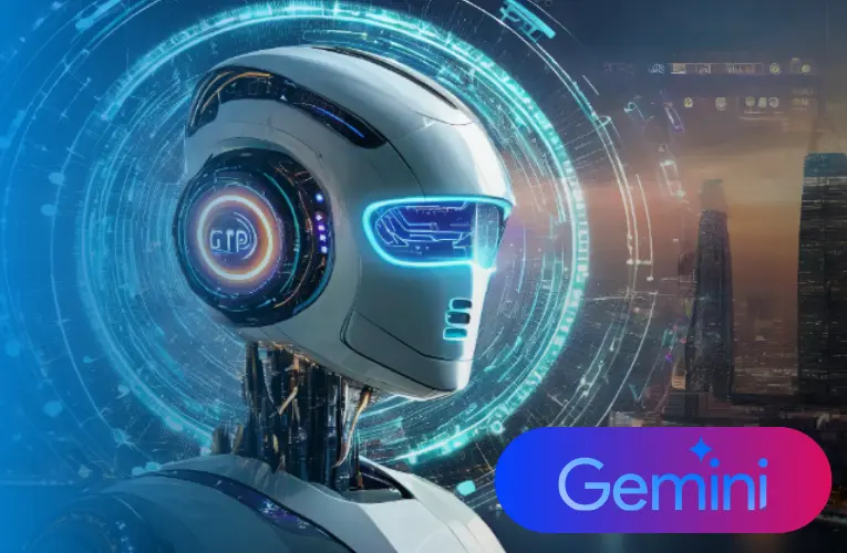 Gemini, a powerful AI robot, explores a futuristic city-scape, showcasing the potential of technology for the future.