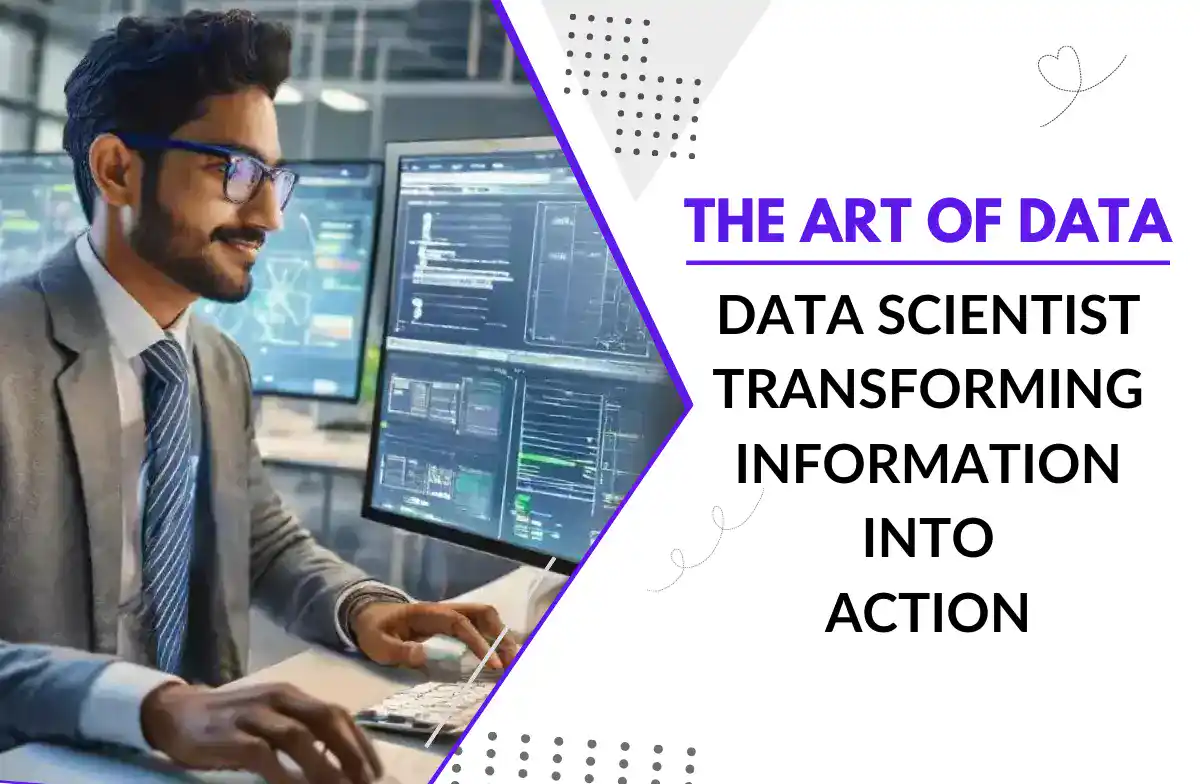 A digital graphic shows data scientists with their working environment on the left side and some text about data science on the right side.
