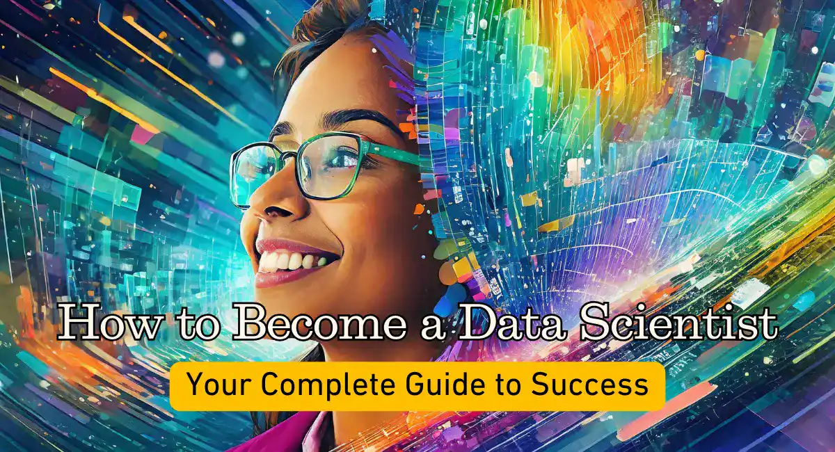Digital Graphics for how to become a data scientist as career option with brighter colors and a combination of different geometric elements with a scholarly young person who selects a career as a data scientist