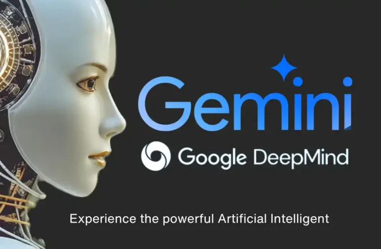 A blue and white image with the title "Gemini" in the center, above the logo for Google DeepMind. Below the logos is the text "Experience the powerful Artificial Intelligence".