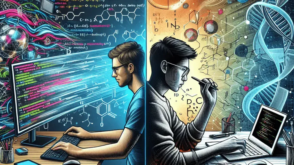 AI Chatbots In Service: two researchers working with AI algorithms and data analysis in a futuristic setting.