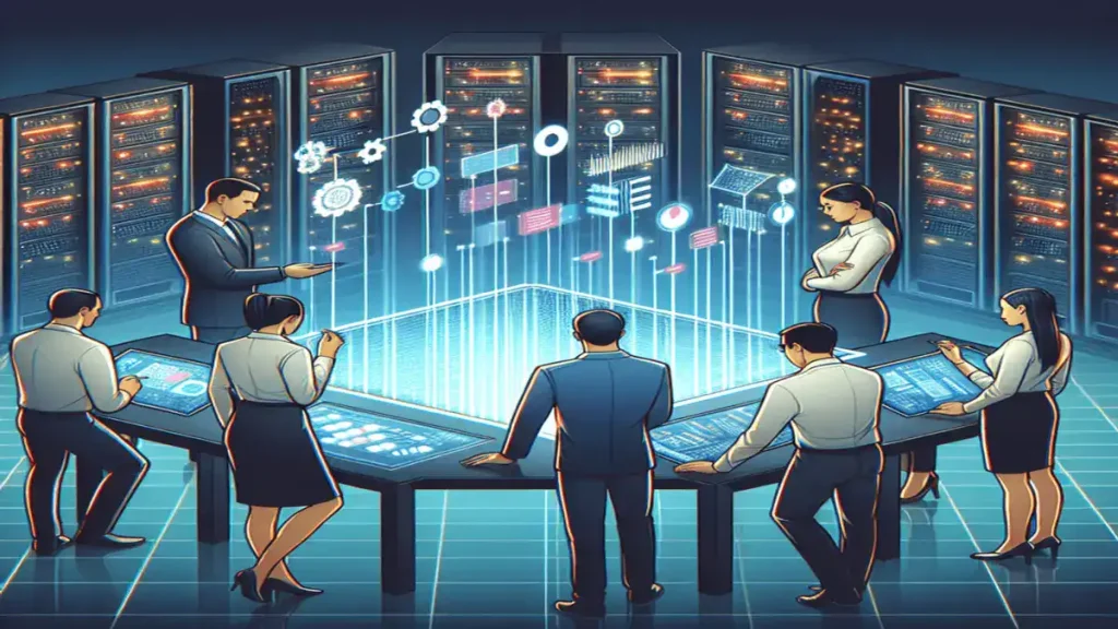 A team of professionals using AI chatbots for data management in a high-tech environment.