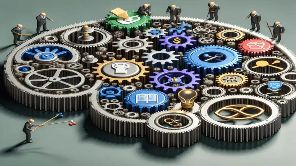 A symbolic depiction of AI chatbots in service optimizing workflows and problem-solving using interconnected gears.