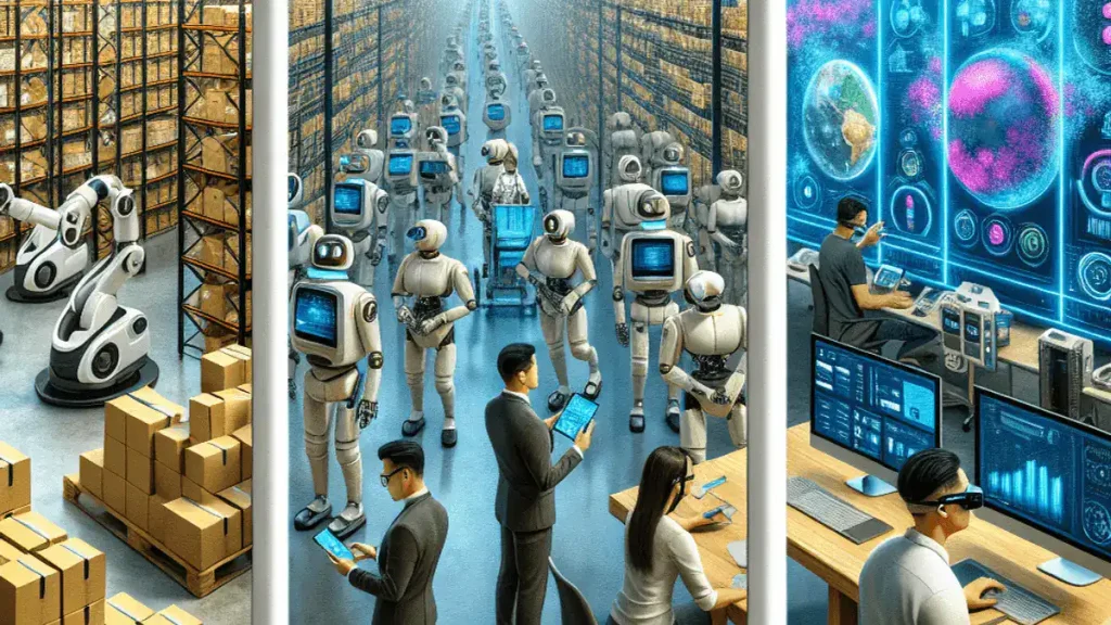 Robots and AI chatbots in service automating warehouse tasks and managing data with human oversight.