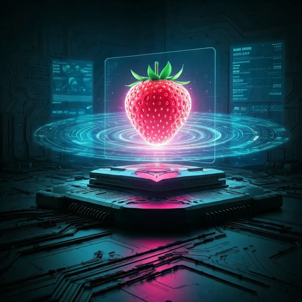 A glowing strawberry hovers above a circuit board, representing the Open AI Strawberry Model