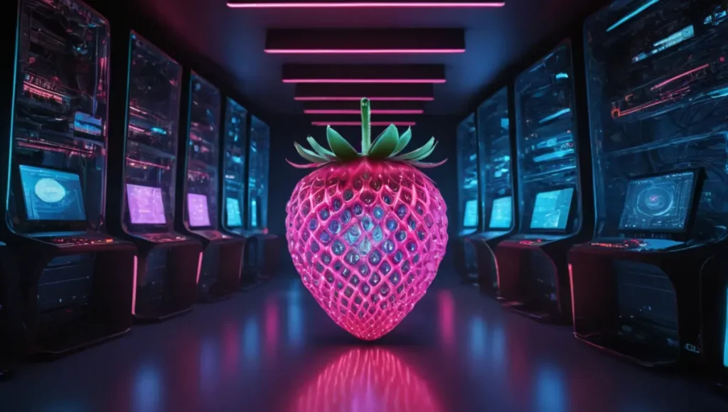 A glowing strawberry surrounded by computer servers, representing the Open AI Strawberry Model
